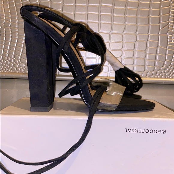 Suede black lace up chunky heels - Picture 1 of 3